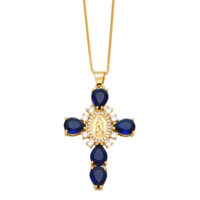 [Love Lucky] Halskette mit Madonna-Kreuz-Anhänger in Blau 
