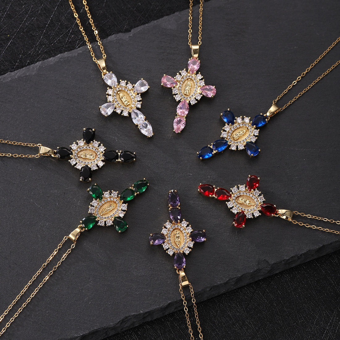 White Zirconia Madonna Cross Pendant Necklace