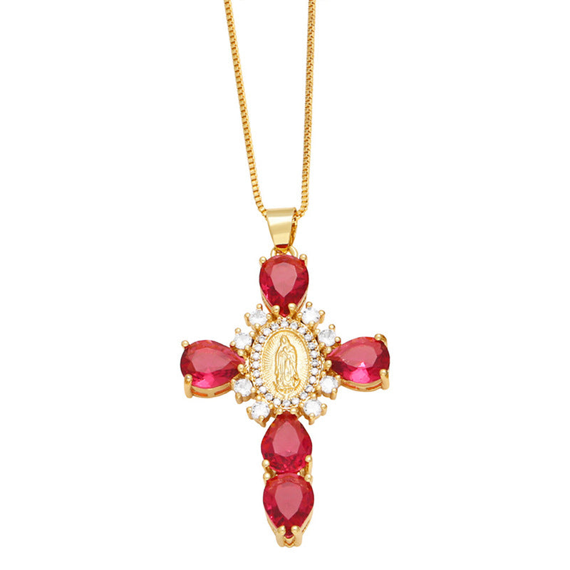 [Love Lucky] Halskette mit Madonna-Kreuz-Anhänger aus rotem Zirkon 
