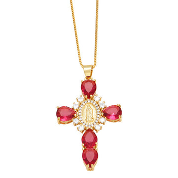 [Love Lucky] Halskette mit Madonna-Kreuz-Anhänger aus rotem Zirkon 