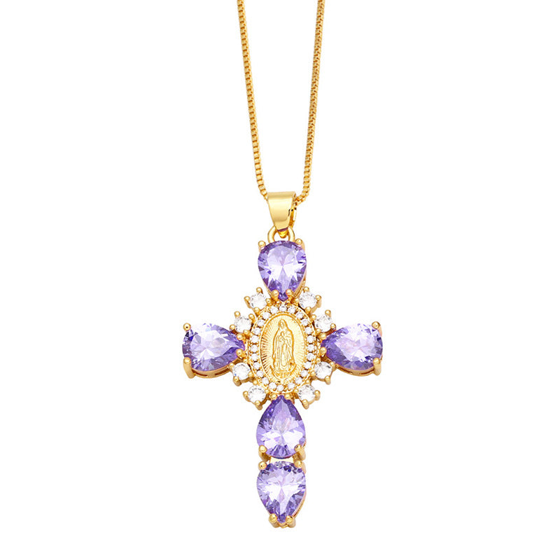 [Love Lucky] Halskette mit Madonna-Kreuz-Anhänger in Lila 