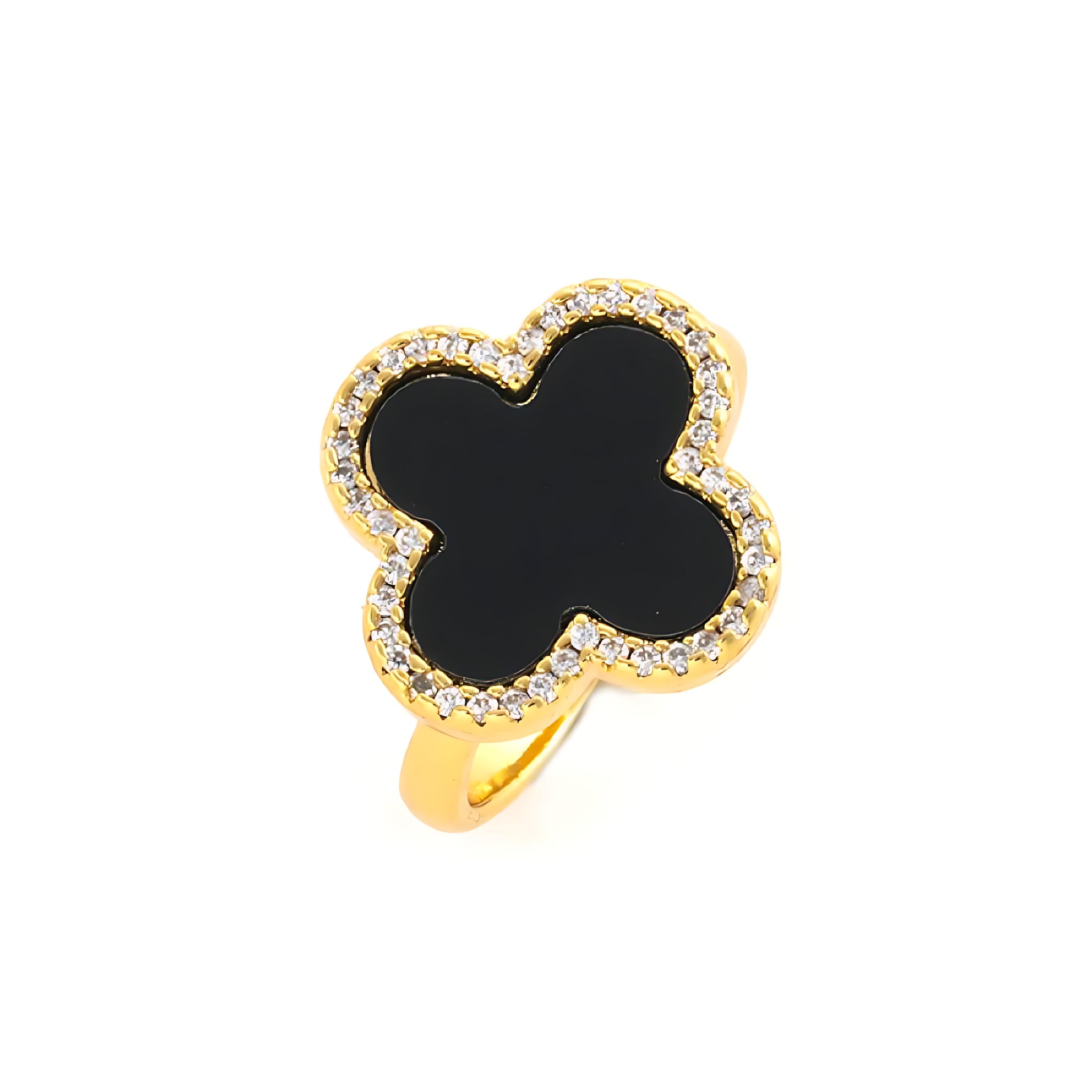 [Love Lucky] Vierblättriger schwarz-weißer Muschelring aus 18 Karat Gold 