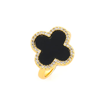 [Love Lucky] Vierblättriger schwarz-weißer Muschelring aus 18 Karat Gold 