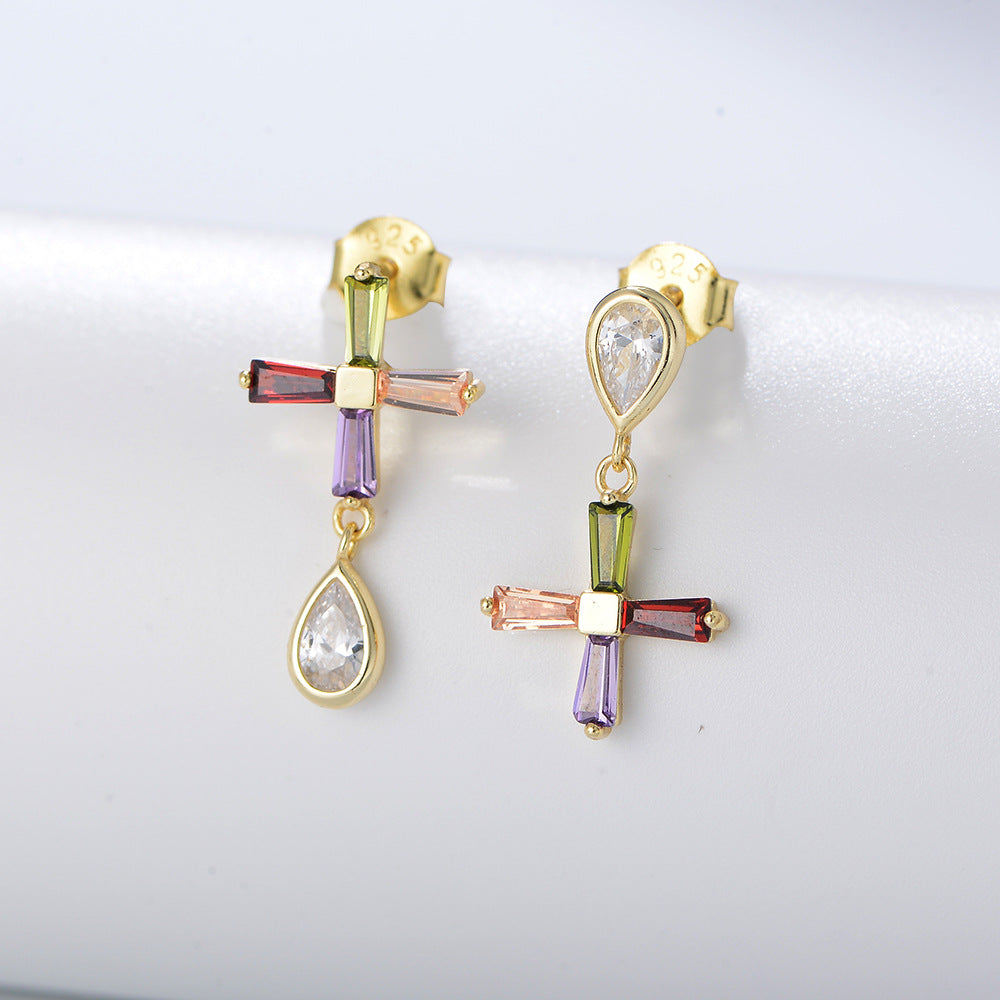 S925 silver colored zircon asymmetrical cross earrings