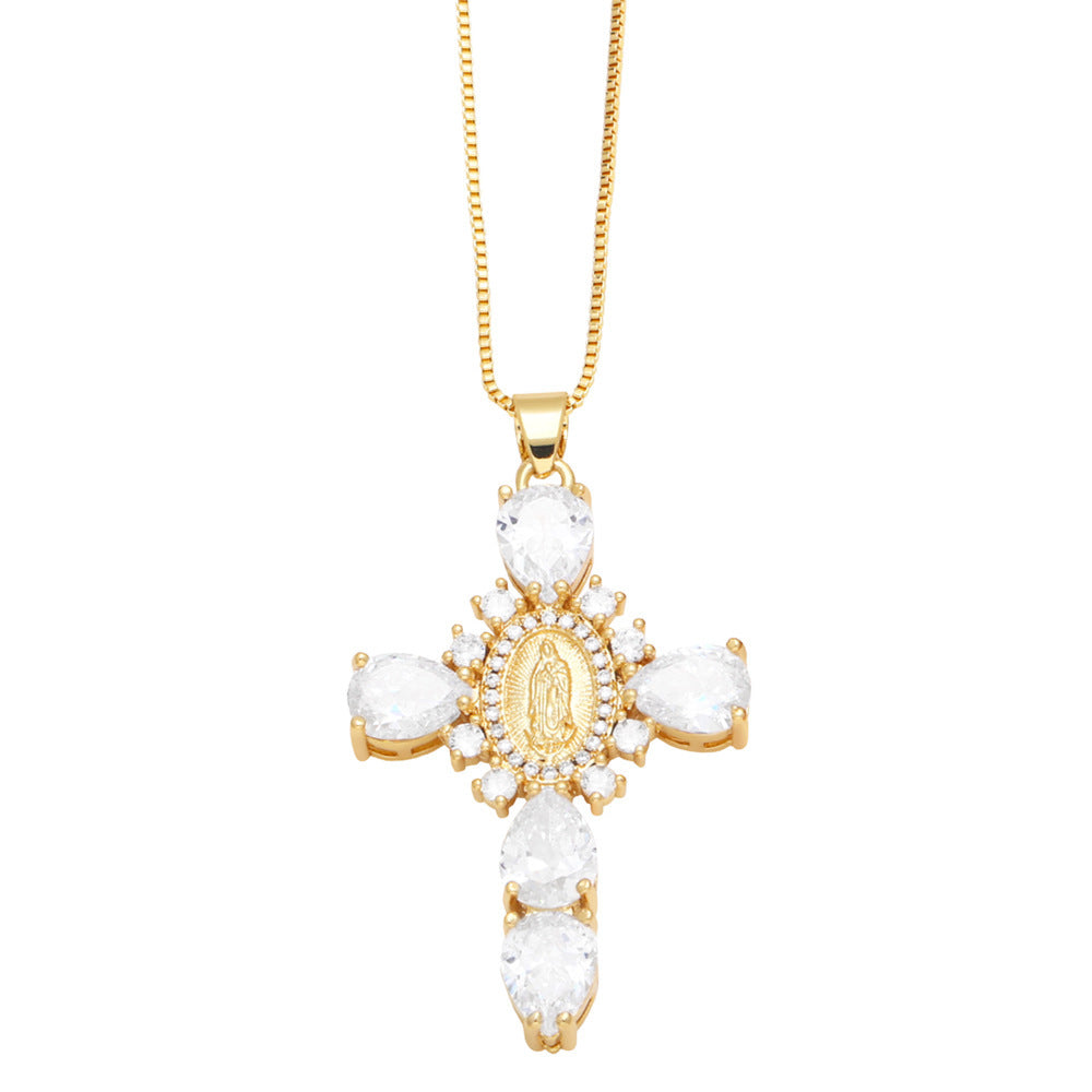[Love Lucky] Halskette mit Madonna-Kreuz-Anhänger aus weißem Zirkonia 