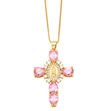 [Love Lucky] Rosa Zirkon Madonna Kreuz Anhänger Halskette 